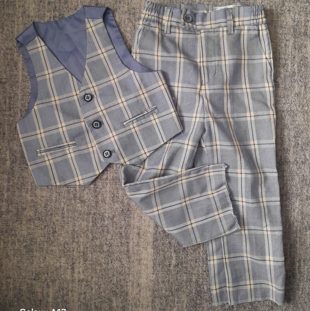 Mini World Gray & Blue Plaid Vest and Pants Set